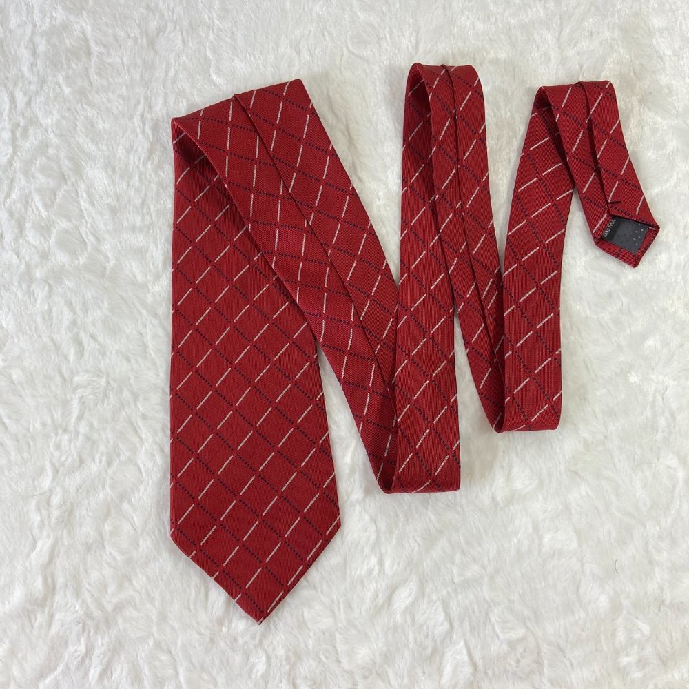 Kai Long Handmade 100% Silk Tie Red White Navy Geometric